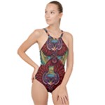 Colorful Owl Art Red Owl High Neck One Piece Swimsuit