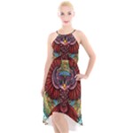 Colorful Owl Art Red Owl High-Low Halter Chiffon Dress 