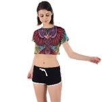 Colorful Owl Art Red Owl Tie Back Short Sleeve Crop T-Shirt