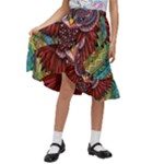 Colorful Owl Art Red Owl Kids  Ruffle Flared Wrap Midi Skirt