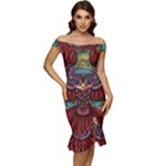 Colorful Owl Art Red Owl Off Shoulder Ruffle Split Hem Bodycon Dress