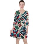 Flora Pattern Flower Quarter Sleeve Ruffle Waist Dress