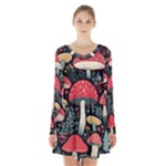 Mushrooms Psychedelic Long Sleeve Velvet V-neck Dress