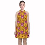 Blooming Flowers Of Orchid Paradise Velvet Halter Neckline Dress 