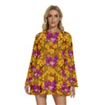 Blooming Flowers Of Orchid Paradise Round Neck Long Sleeve Bohemian Style Chiffon Mini Dress