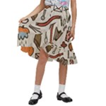 Halloween Doodle Autumn Pumpkin Kids  Ruffle Flared Wrap Midi Skirt