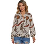 Halloween Doodle Autumn Pumpkin Women s Long Sleeve Button Up Shirt