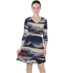 Hokusai Moutains Japan Quarter Sleeve Ruffle Waist Dress