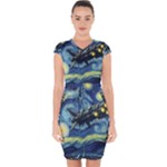 Spaceship Starry Night Van Gogh Painting Capsleeve Drawstring Dress 