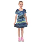 Spaceship Starry Night Van Gogh Painting Kids  Short Sleeve Velvet Dress