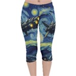 Spaceship Starry Night Van Gogh Painting Velvet Capri Leggings 