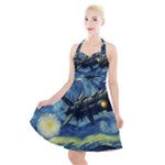 Spaceship Starry Night Van Gogh Painting Halter Party Swing Dress 