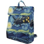 Spaceship Starry Night Van Gogh Painting Flap Top Backpack