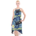 Spaceship Starry Night Van Gogh Painting High-Low Halter Chiffon Dress 