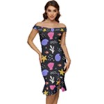 Sea Shells Pattern Wallpaper Fish Off Shoulder Ruffle Split Hem Bodycon Dress