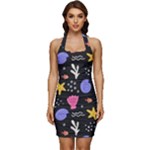 Sea Shells Pattern Wallpaper Fish Sleeveless Wide Square Neckline Ruched Bodycon Dress