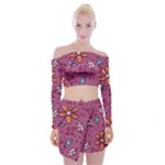 Flowers Petals Leaves Foliage Off Shoulder Top with Mini Skirt Set