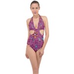 Flowers Petals Leaves Foliage Halter Front Plunge Swimsuit