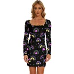 Wallpaper Pattern Rainbow Long Sleeve Square Neck Bodycon Velvet Dress