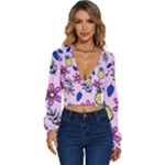 Flowers Petals Pineapples Fruit Long Sleeve Deep-V Velour Top