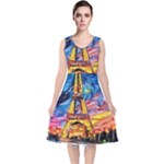 Eiffel Tower Starry Night Print Van Gogh V-Neck Midi Sleeveless Dress 