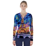 Eiffel Tower Starry Night Print Van Gogh V-Neck Long Sleeve Top