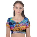 Eiffel Tower Starry Night Print Van Gogh Velvet Short Sleeve Crop Top 