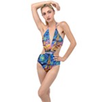 Eiffel Tower Starry Night Print Van Gogh Plunging Cut Out Swimsuit