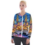 Eiffel Tower Starry Night Print Van Gogh Velvet Zip Up Jacket