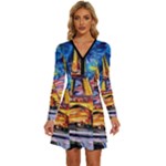 Eiffel Tower Starry Night Print Van Gogh Long Sleeve Deep V Mini Dress 