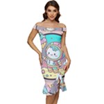 Boy Astronaut Cotton Candy Childhood Fantasy Tale Literature Planet Universe Kawaii Nature Cute Clou Off Shoulder Ruffle Split Hem Bodycon Dress