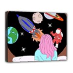 Girl Bed Space Planets Spaceship Rocket Astronaut Galaxy Universe Cosmos Woman Dream Imagination Bed Canvas 14  x 11  (Stretched)