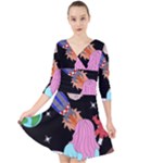 Girl Bed Space Planets Spaceship Rocket Astronaut Galaxy Universe Cosmos Woman Dream Imagination Bed Quarter Sleeve Front Wrap Dress