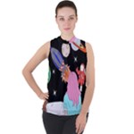 Girl Bed Space Planets Spaceship Rocket Astronaut Galaxy Universe Cosmos Woman Dream Imagination Bed Mock Neck Chiffon Sleeveless Top