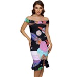 Girl Bed Space Planets Spaceship Rocket Astronaut Galaxy Universe Cosmos Woman Dream Imagination Bed Off Shoulder Ruffle Split Hem Bodycon Dress