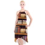 Book Nook Books Bookshelves Comfortable Cozy Literature Library Study Reading Room Fiction Entertain High-Low Halter Chiffon Dress 