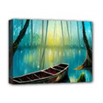 Swamp Bayou Rowboat Sunset Landscape Lake Water Moss Trees Logs Nature Scene Boat Twilight Quiet Deluxe Canvas 16  x 12  (Stretched) 