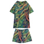 Outdoors Night Setting Scene Forest Woods Light Moonlight Nature Wilderness Leaves Branches Abstract Kids  Swim T-Shirt and Shorts Set