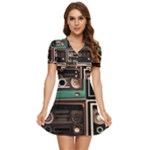 Retro Electronics Old Antiques Texture Wallpaper Vintage Cassette Tapes Retrospective V-Neck High Waist Chiffon Mini Dress