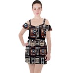 Retro Cameras Old Vintage Antique Technology Wallpaper Retrospective Ruffle Cut Out Chiffon Playsuit