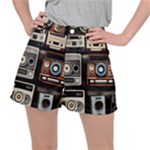 Retro Cameras Old Vintage Antique Technology Wallpaper Retrospective Women s Ripstop Shorts