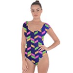 Background Pattern Geometric Pink Yellow Green Short Sleeve Leotard 