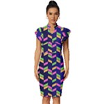 Background Pattern Geometric Pink Yellow Green Vintage Frill Sleeve V-Neck Bodycon Dress