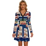 Cars Snow City Landscape Vintage Old Time Retro Pattern Long Sleeve Deep V Mini Dress 