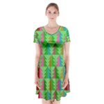 Trees Pattern Retro Pink Red Yellow Holidays Advent Christmas Short Sleeve V-neck Flare Dress