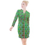 Trees Pattern Retro Pink Red Yellow Holidays Advent Christmas Button Long Sleeve Dress