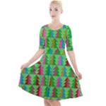 Trees Pattern Retro Pink Red Yellow Holidays Advent Christmas Quarter Sleeve A-Line Dress
