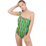 Trees Pattern Retro Pink Red Yellow Holidays Advent Christmas Frilly One Shoulder Swimsuit
