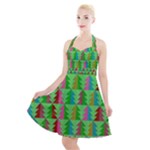 Trees Pattern Retro Pink Red Yellow Holidays Advent Christmas Halter Party Swing Dress 