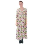 Pattern Flowers Leaves Green Purple Pink Button Up Maxi Dress